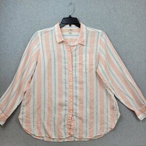 LL Bean Womens Linen Button Down Striped ShirtSize 1X‎ Neutral Pastel Beachy